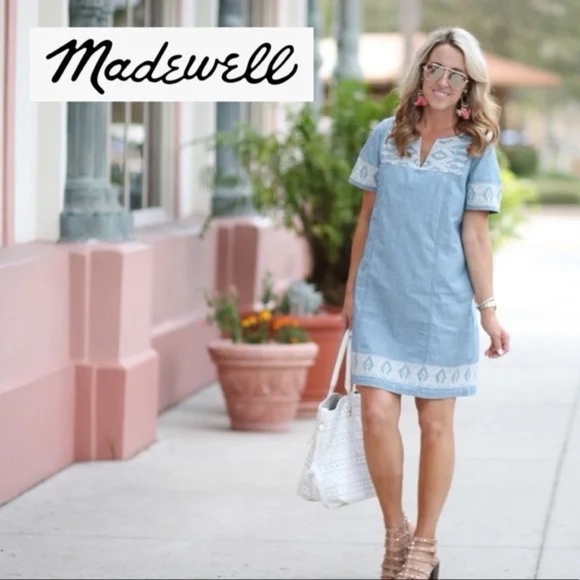 Madewell Sunstitch Chambray Embroidered Shift Dress - Blue Women's Size XL - Picture 1 of 14